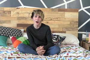 super sexy blonde teenager is pulling his balls during unrestrained masturbation