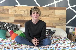 super sexy blonde teenager is pulling his balls during unrestrained masturbation