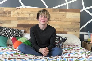 super sexy blonde teenager is pulling his balls during unrestrained masturbation