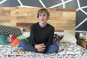 super sexy blonde teenager is pulling his balls during unrestrained masturbation