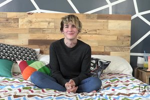 super sexy blonde teenager is pulling his balls during unrestrained masturbation