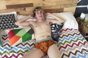 super sexy blonde teenager is pulling his balls during unrestrained masturbation