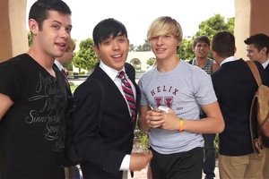 Three sexy guys are filming some naughty scenes as students