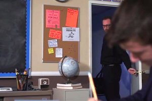 Naughty student twinks are messing around in threesome during class