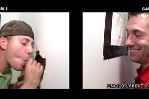 Cheerful skillful man is experimenting with a nasty anonymous glory hole